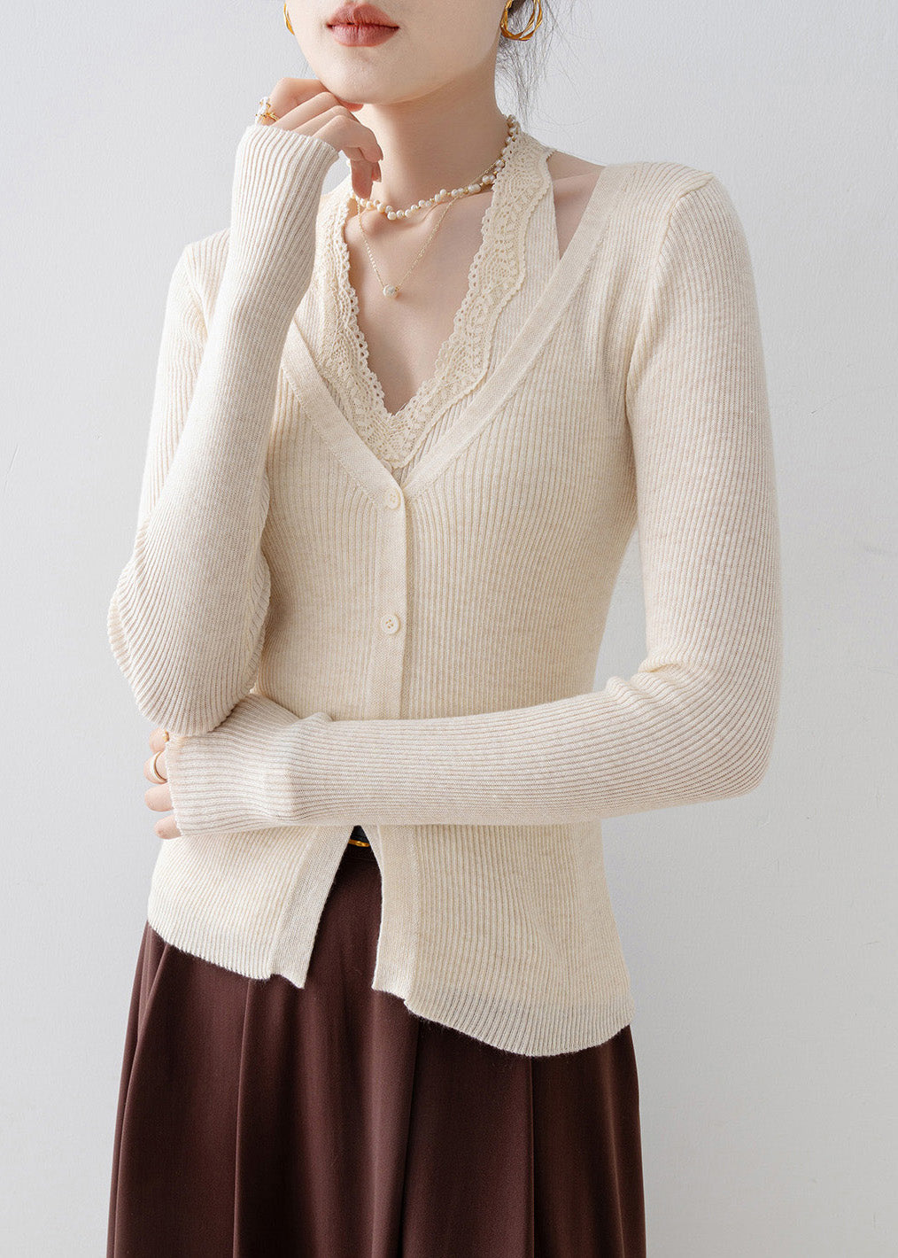 Beautiful Apricot V Neck Lace Patchwork Knit Sweater Spring