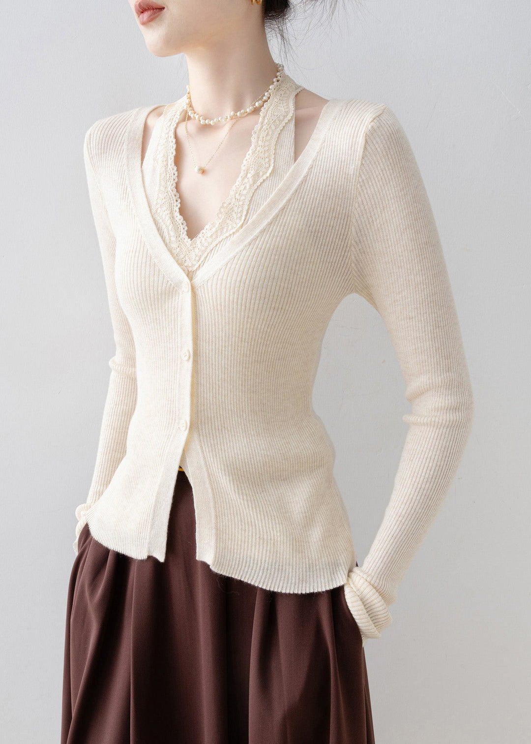 Beautiful Apricot V Neck Lace Patchwork Knit Sweater Spring