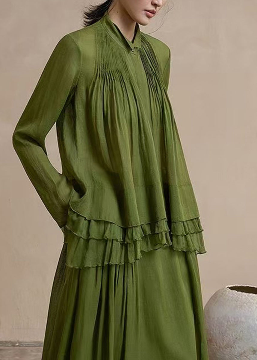 Beautiful Army Green Wrinkled Linen Shirt Top Spring