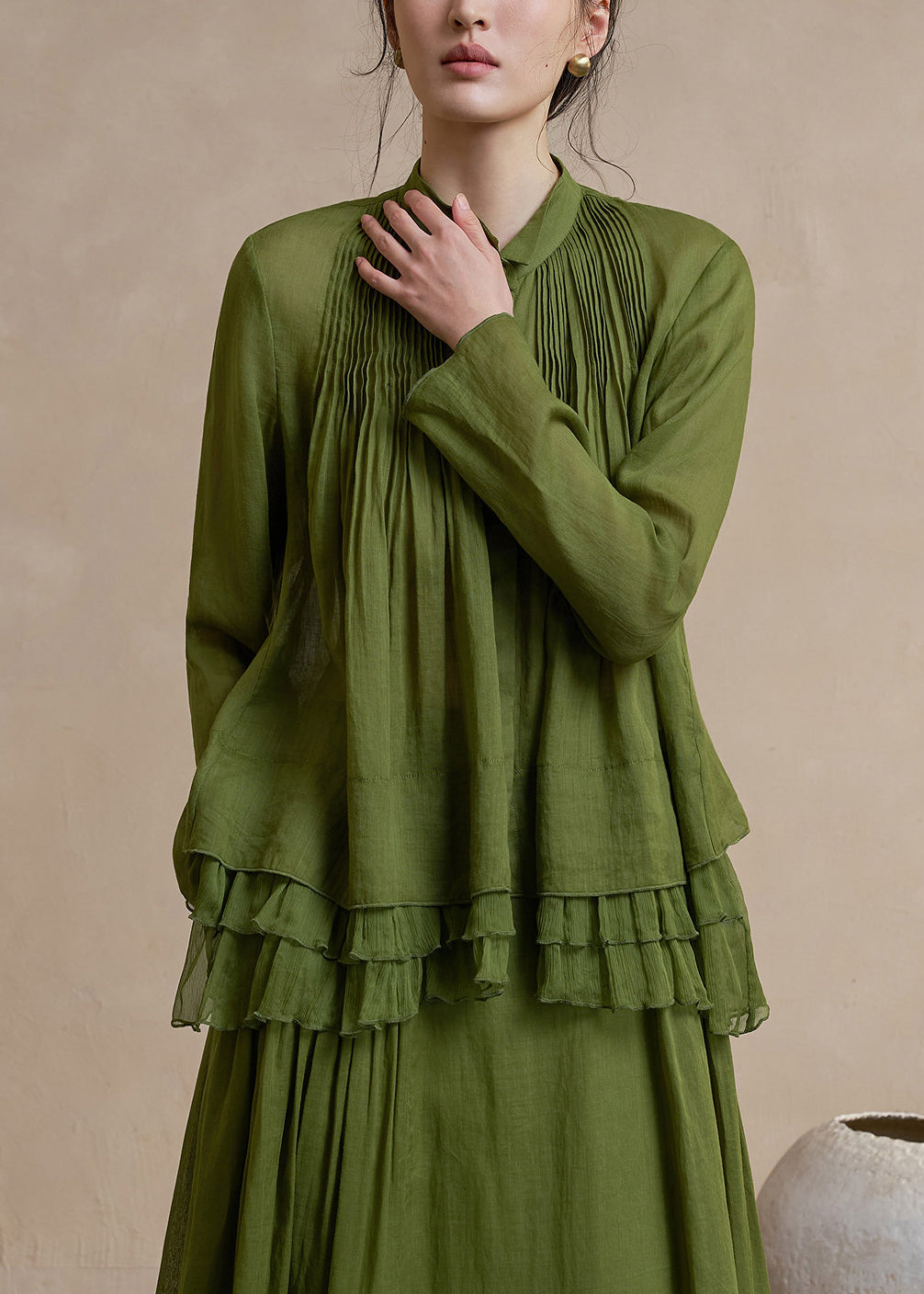 Beautiful Army Green Wrinkled Linen Shirt Top Spring