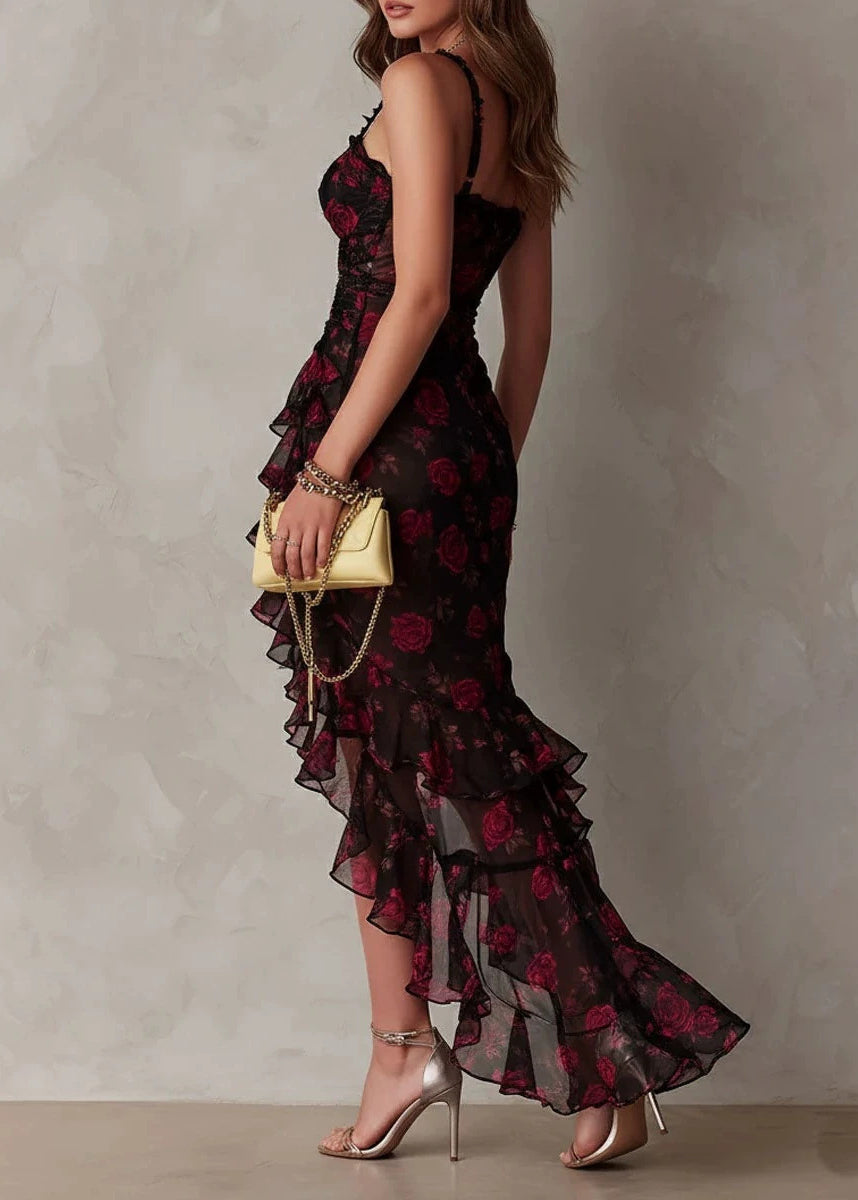 Beautiful Asymmetrical Ruffled Print Chiffon Spaghetti Strap Dress Summer