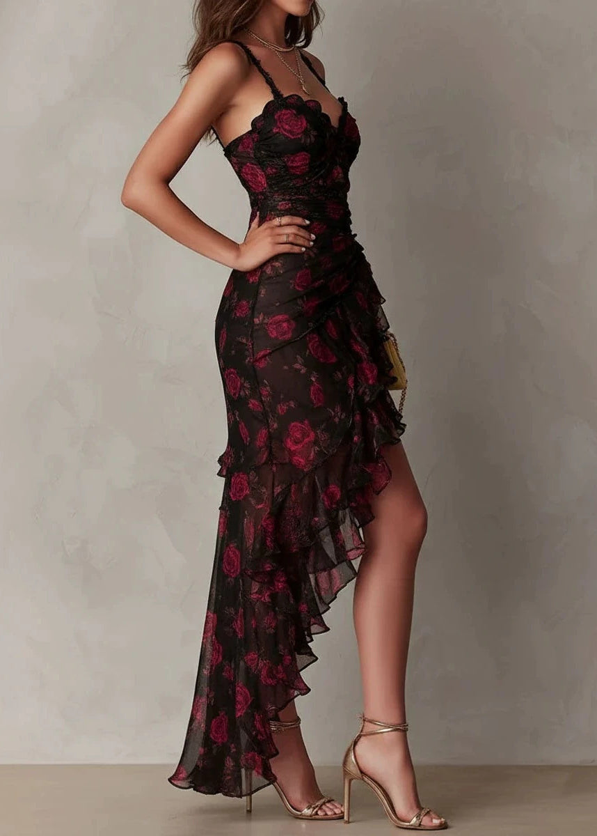 Beautiful Asymmetrical Ruffled Print Chiffon Spaghetti Strap Dress Summer