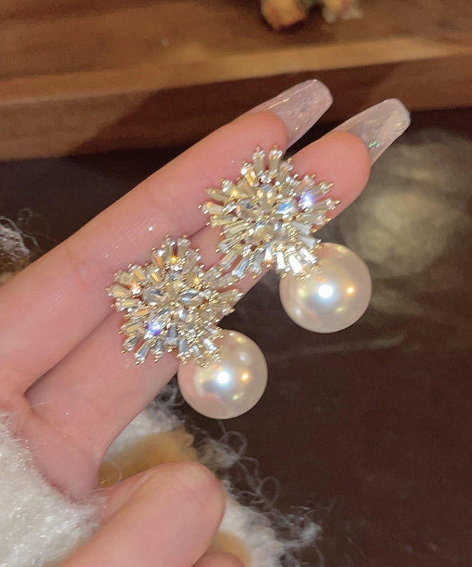 Beautiful Beige Copper Overgild Zircon Pearl Snowflake Stud Earrings