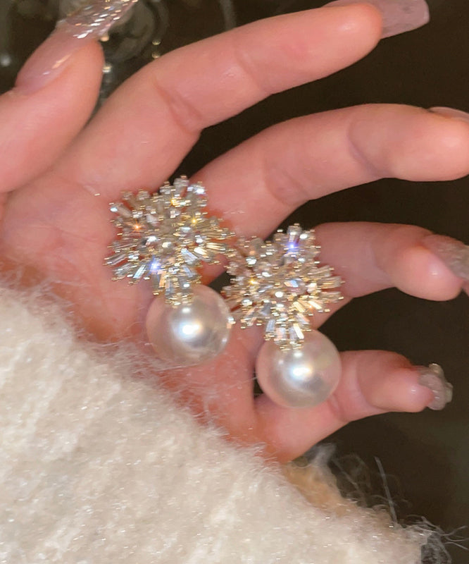 Beautiful Beige Copper Overgild Zircon Pearl Snowflake Stud Earrings