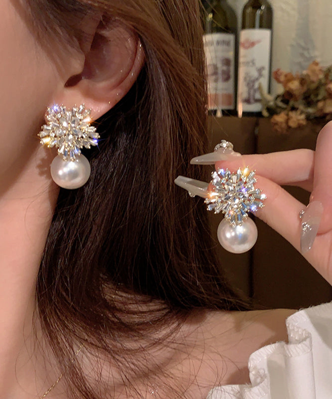 Beautiful Beige Copper Overgild Zircon Pearl Snowflake Stud Earrings