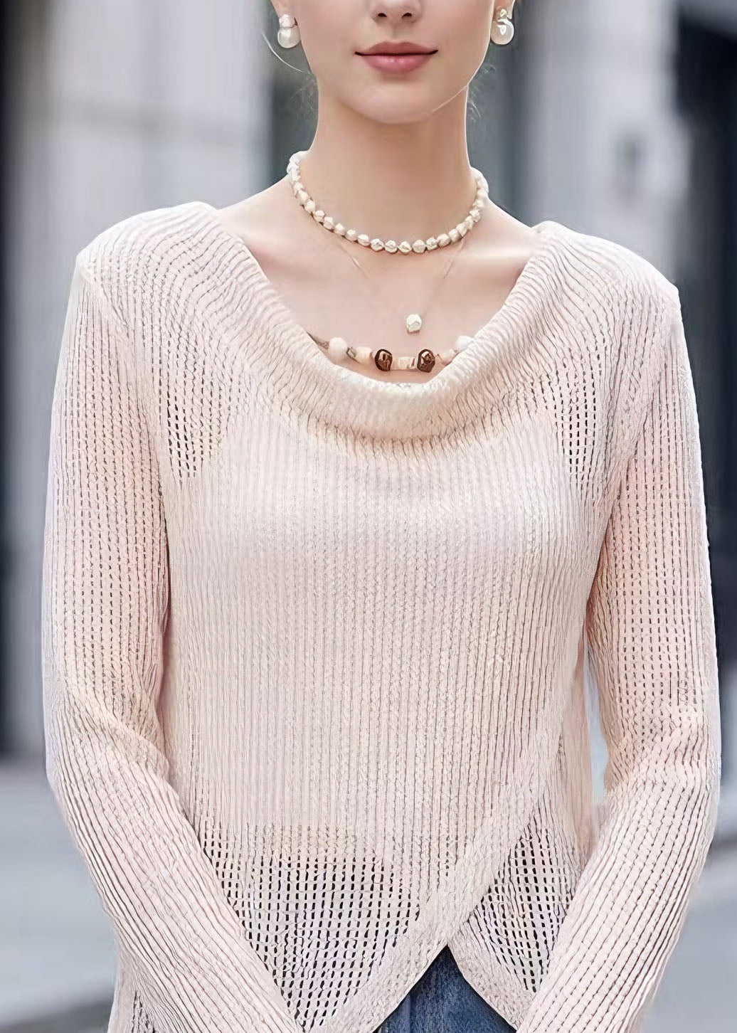 Beautiful Beige Hollow Out Polyester Tops Spring