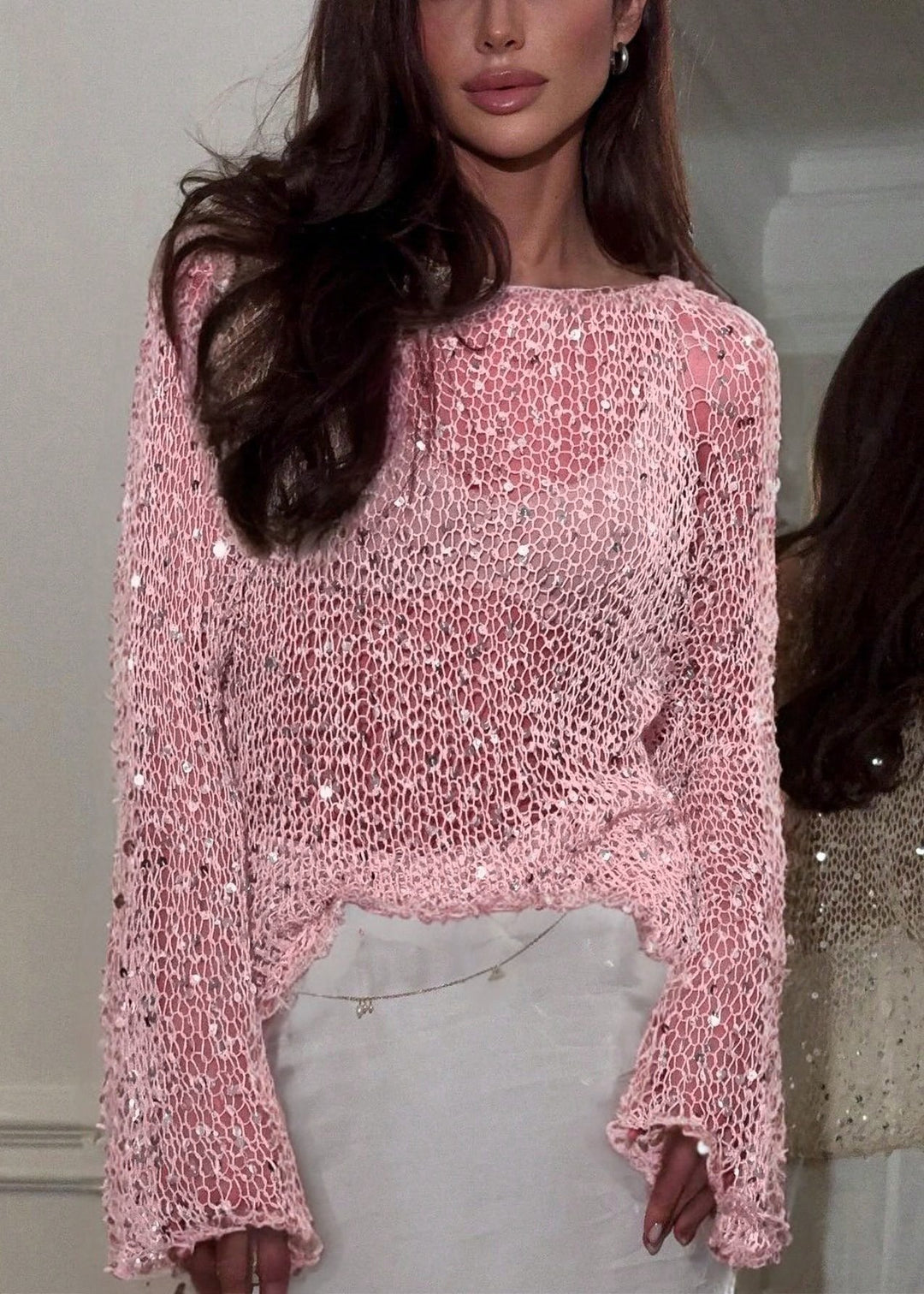 Beautiful Beige O-Neck Hollow Out Sequins Knit Top Spring