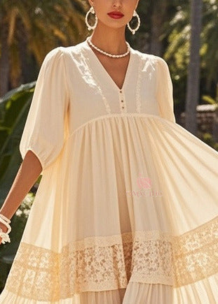 Beautiful Beige Oversized Patchwork Lace Holiday Dresses Summer