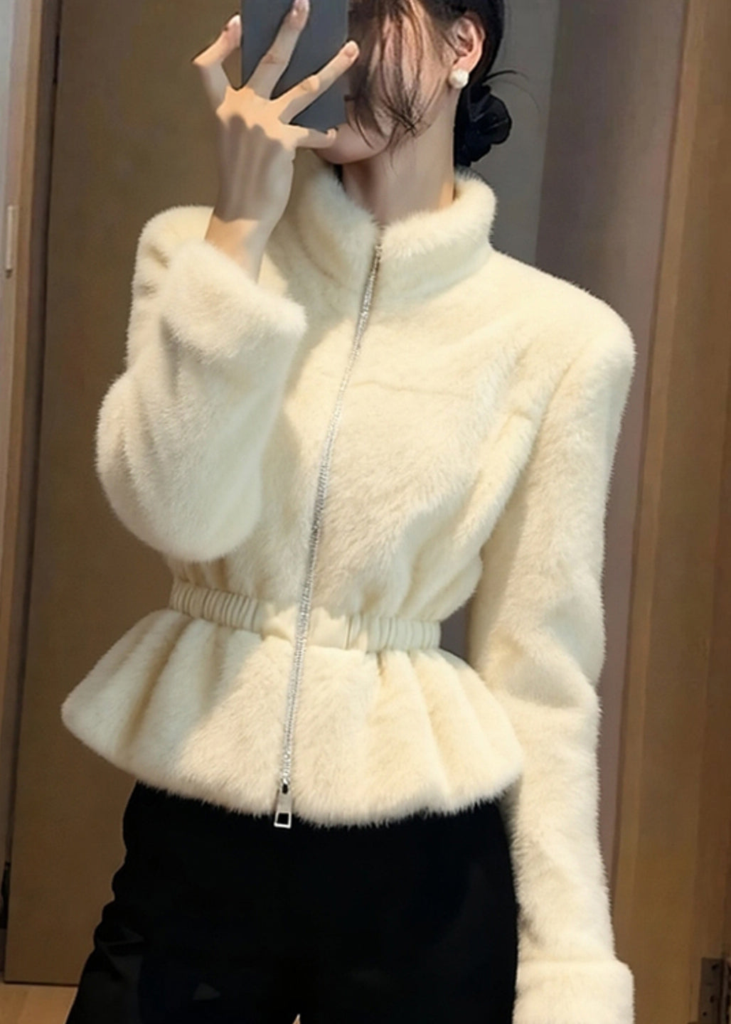 Beautiful Beige Patchwork Elastic Waist Mink Hair Coats Winter