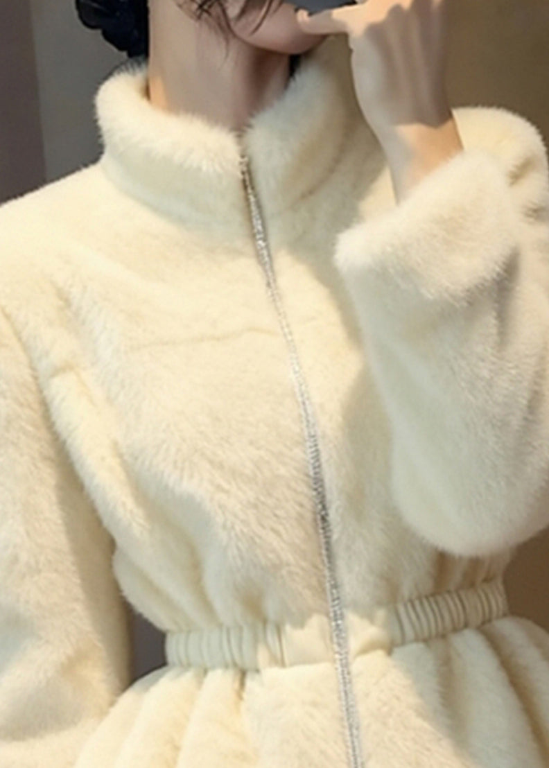 Beautiful Beige Patchwork Elastic Waist Mink Hair Coats Winter