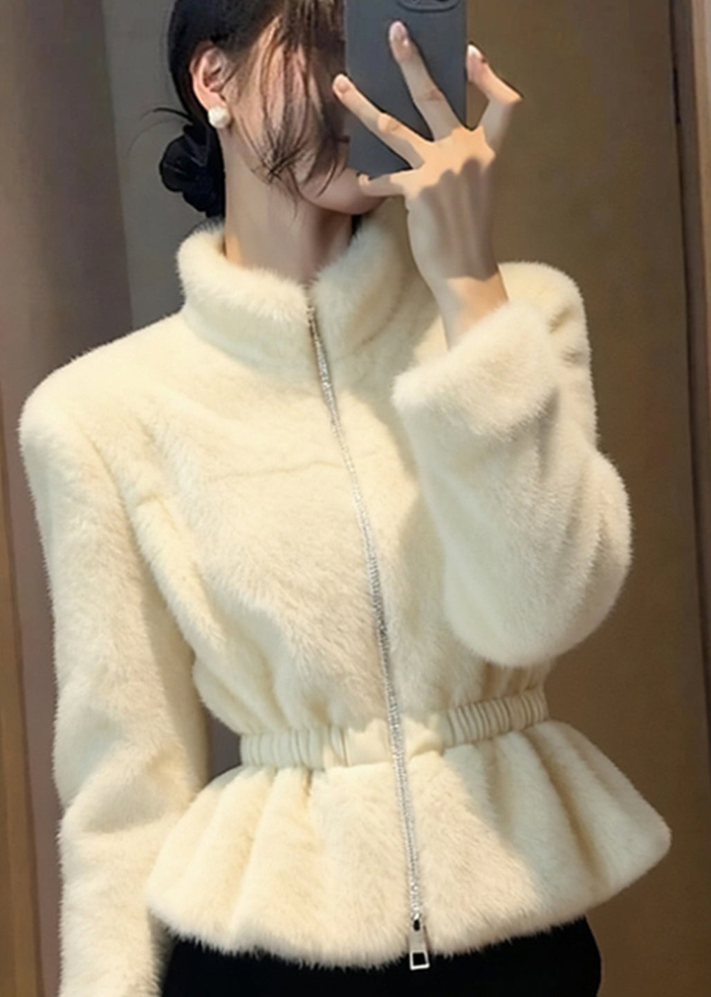 Beautiful Beige Patchwork Elastic Waist Mink Hair Coats Winter
