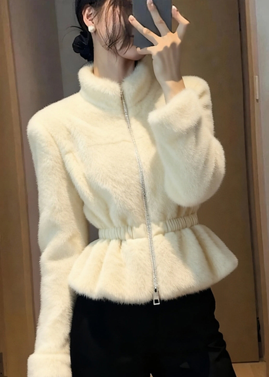 Beautiful Beige Patchwork Elastic Waist Mink Hair Coats Winter