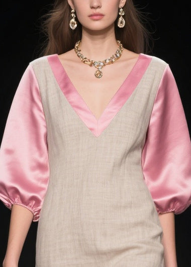 Beautiful Beige Puff Sleeve Patchwork Linen Silk Maxi Dress Summer