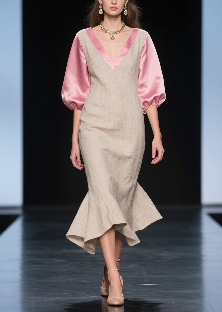 Beautiful Beige Puff Sleeve Patchwork Linen Silk Maxi Dress Summer