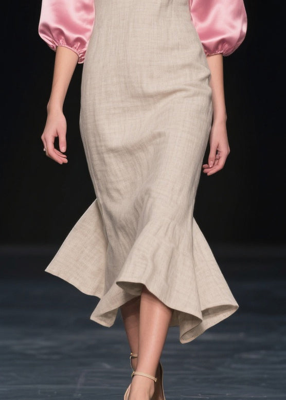 Beautiful Beige Puff Sleeve Patchwork Linen Silk Maxi Dress Summer