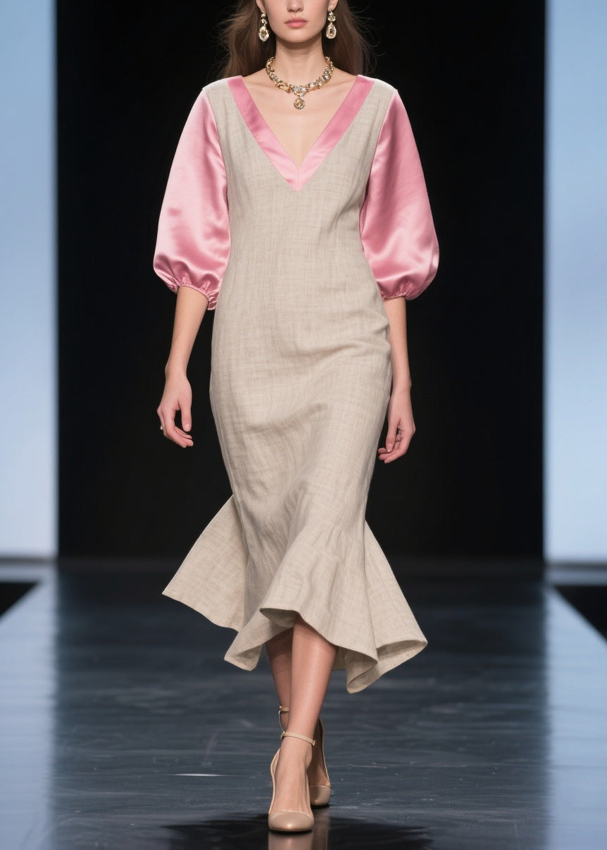 Beautiful Beige Puff Sleeve Patchwork Linen Silk Maxi Dress Summer