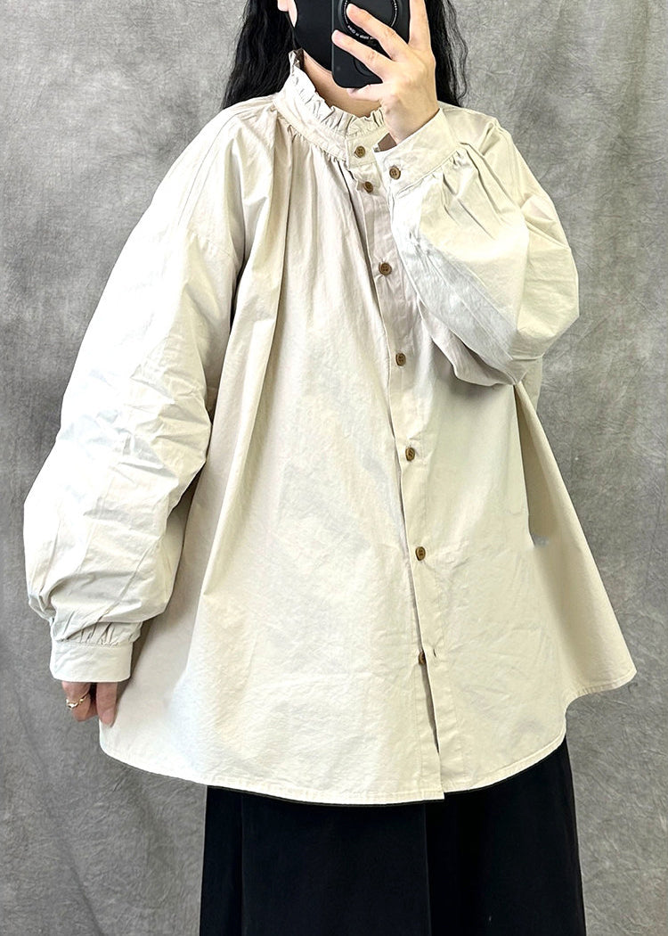 Beautiful Beige Ruffled Button Loose Cotton Top Fall