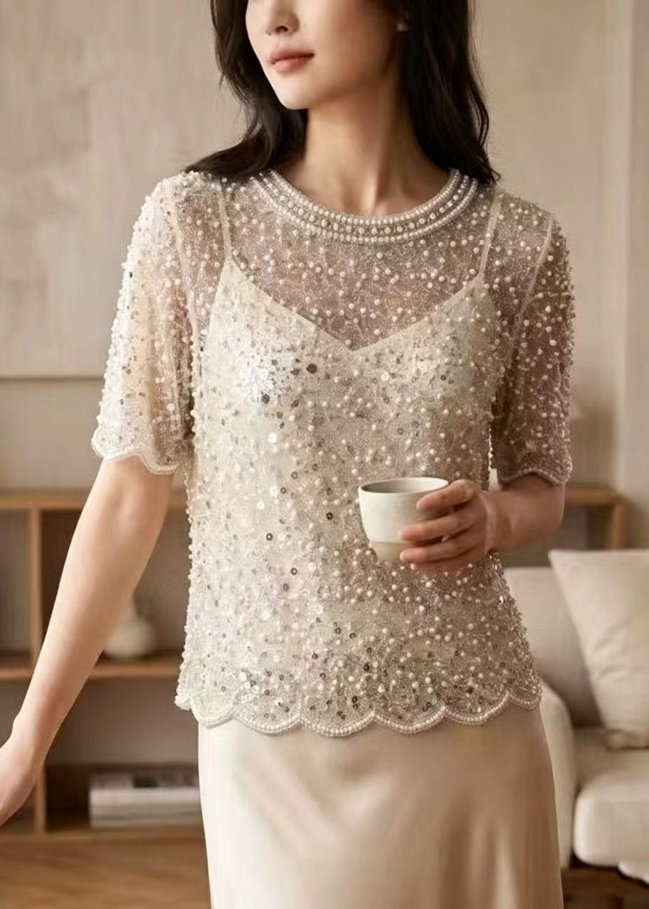 Beautiful Beige Sequins Nail Bead Tulle Top Summer