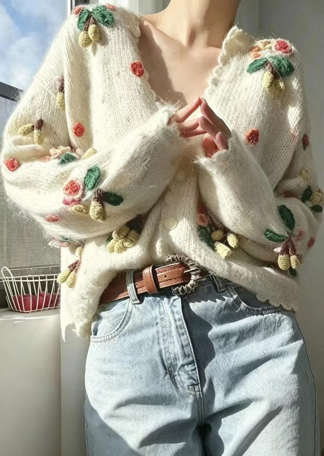 Beautiful Beige Stereoscopic Floral Knitted Cotton Thread Cardigan Long Sleeve