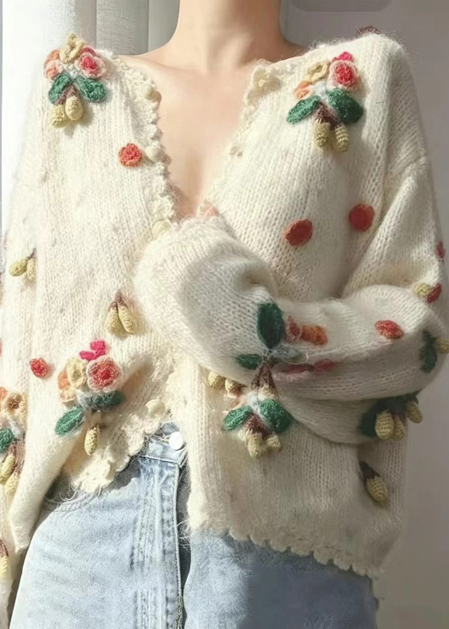 Beautiful Beige Stereoscopic Floral Knitted Cotton Thread Cardigan Long Sleeve