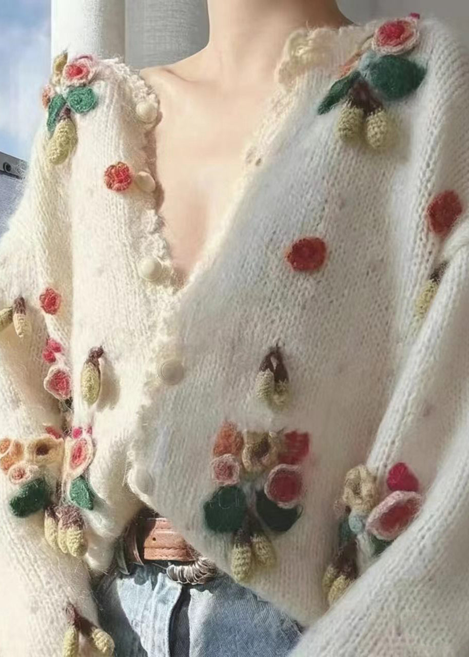 Beautiful Beige Stereoscopic Floral Knitted Cotton Thread Cardigan Long Sleeve