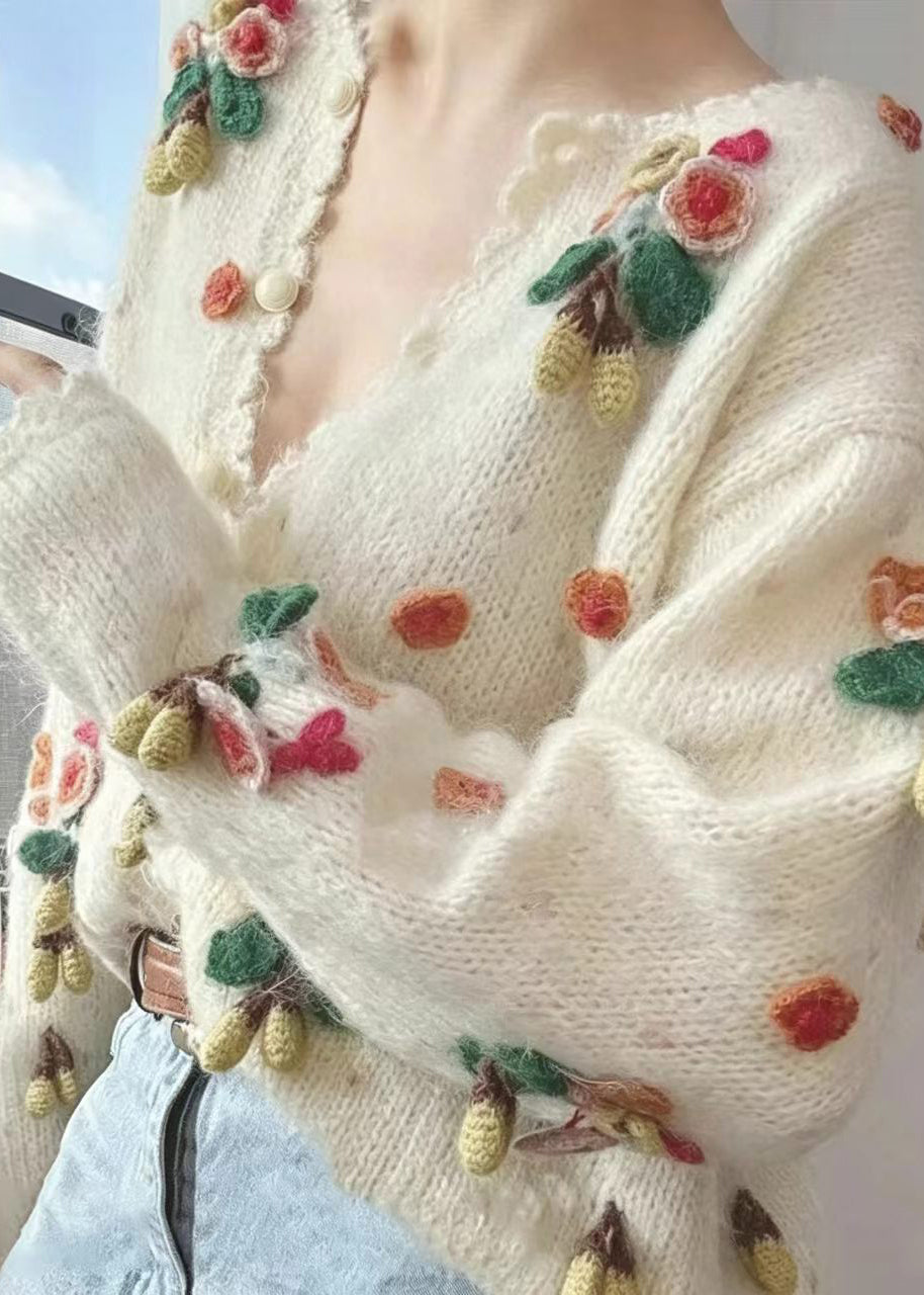 Beautiful Beige Stereoscopic Floral Knitted Cotton Thread Cardigan Long Sleeve
