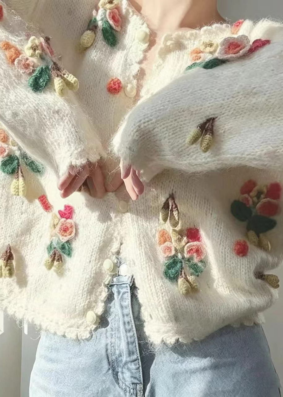 Beautiful Beige Stereoscopic Floral Knitted Cotton Thread Cardigan Long Sleeve