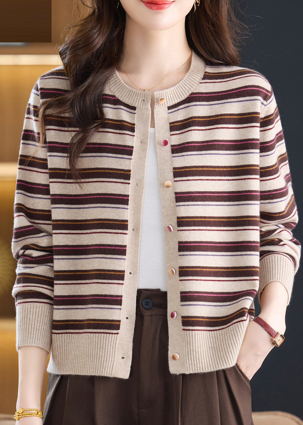Beautiful Beige Striped Silm Fit Knit Cardigans Fall