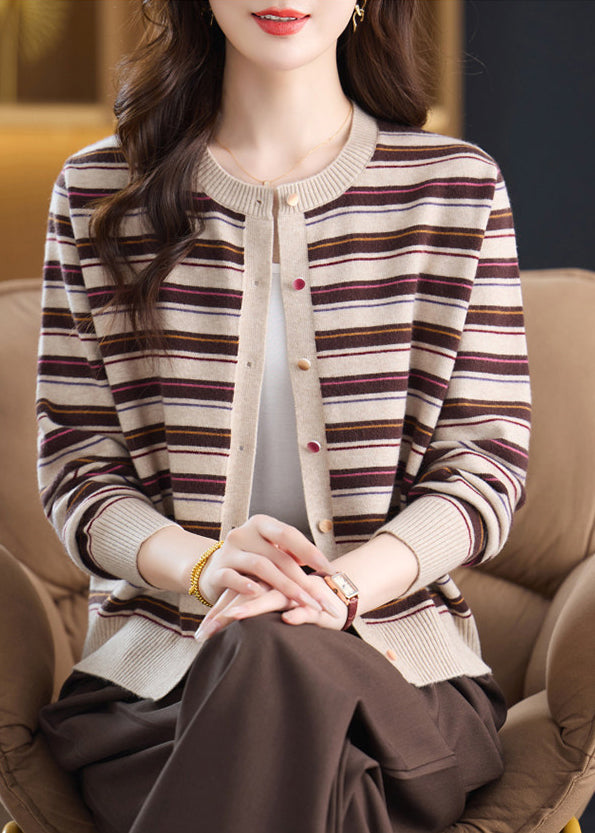 Beautiful Beige Striped Silm Fit Knit Cardigans Fall