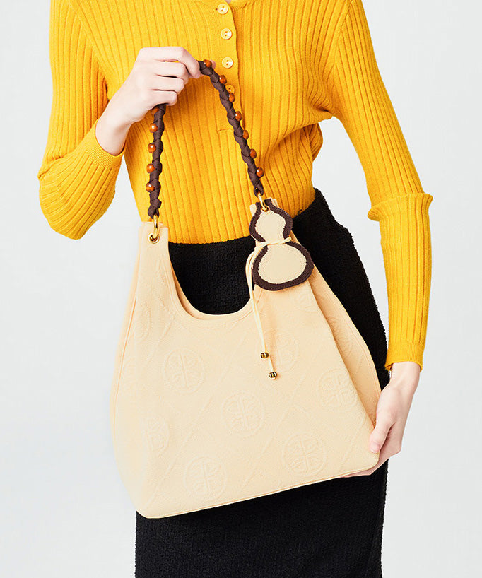 Beautiful Beige Tasseled Embroidered Cotton Women Handbags