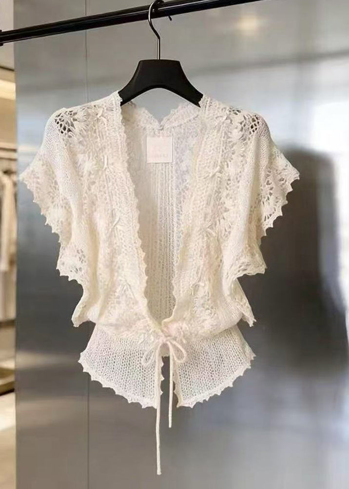 Beautiful Beige V Neck Lace Cardigans Short Sleeve