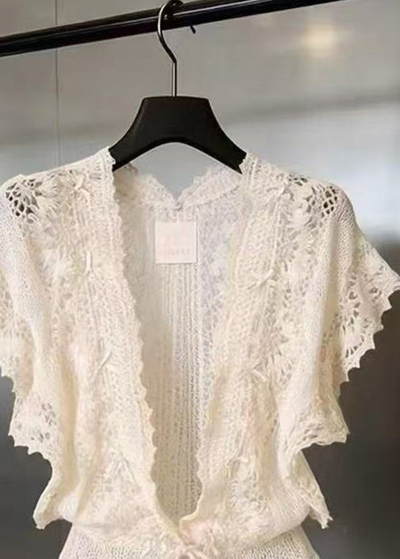 Beautiful Beige V Neck Lace Cardigans Short Sleeve