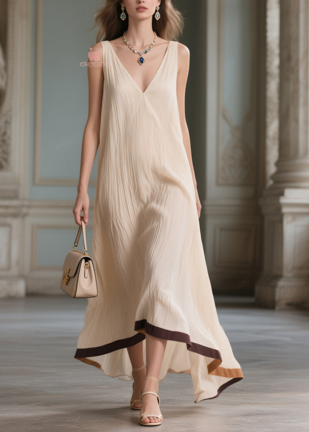 Beautiful Beige V Neck Patchwork Cotton Maxi Dresses Sleeveless