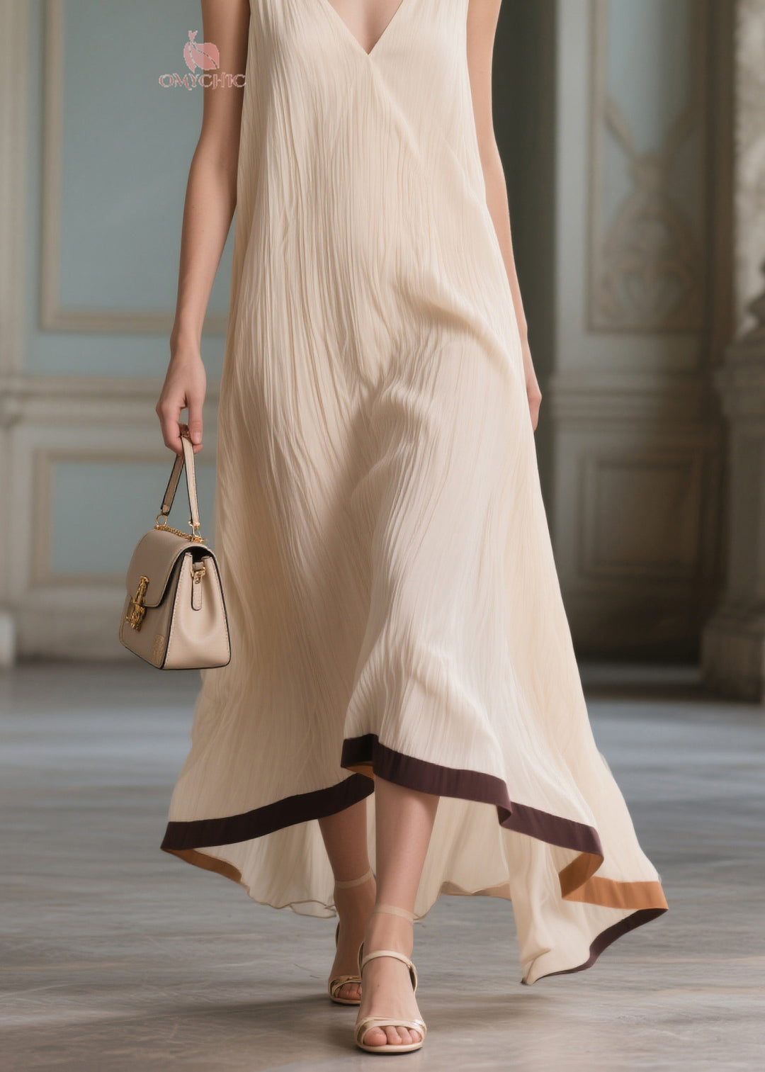 Beautiful Beige V Neck Patchwork Cotton Maxi Dresses Sleeveless