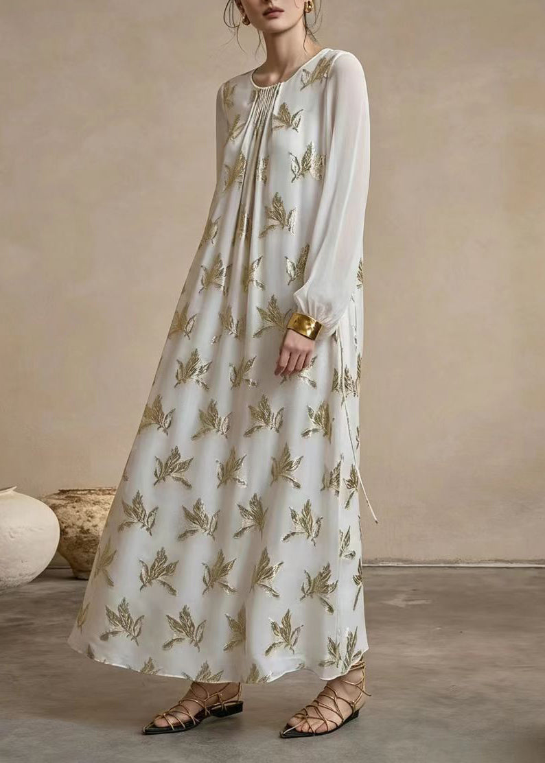 Beautiful Beige White Pleated Gold Lurex Leaf Vacation Dresses Spring
