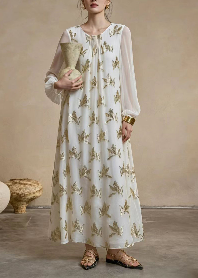 Beautiful Beige White Pleated Gold Lurex Leaf Vacation Dresses Spring