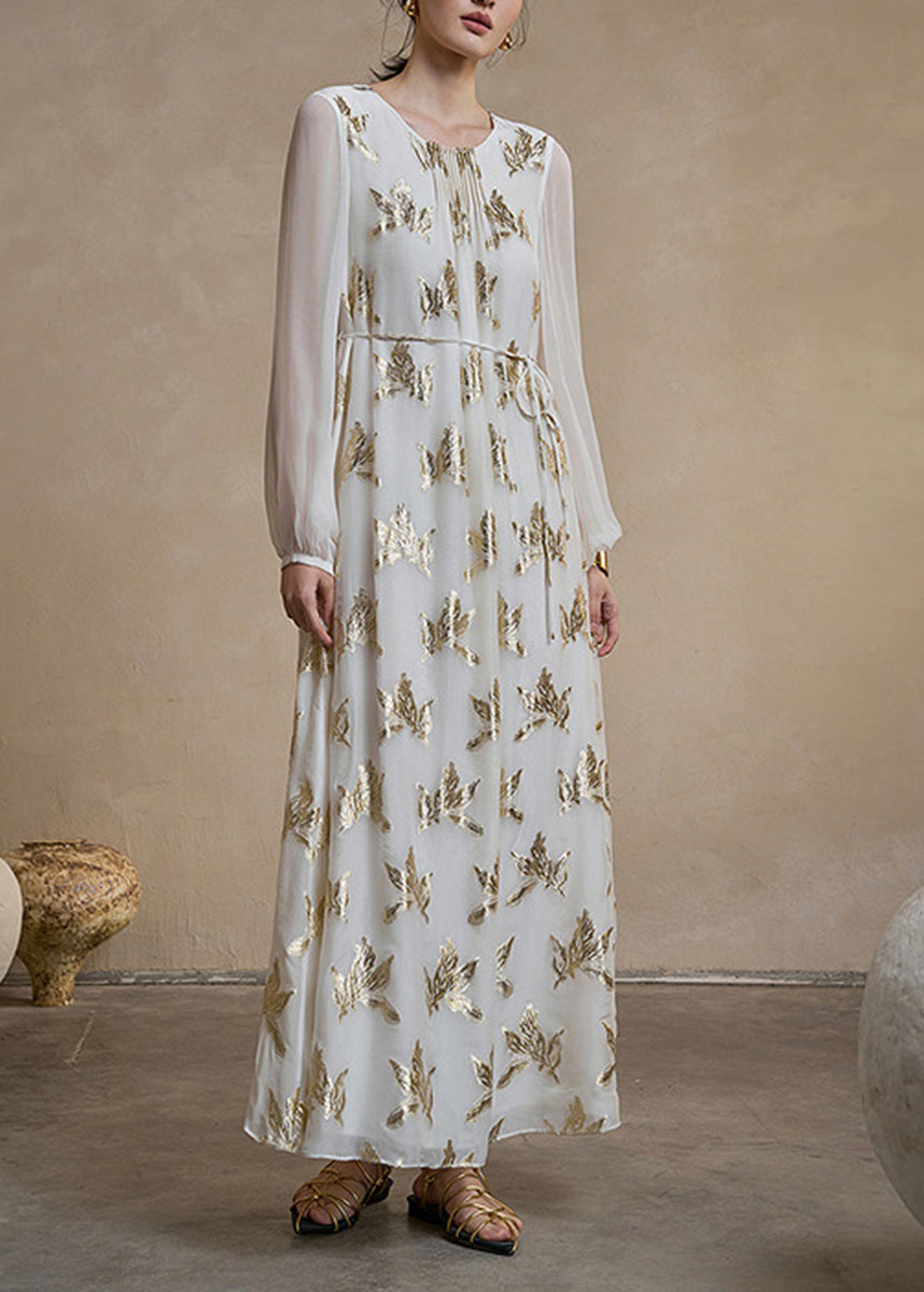 Beautiful Beige White Pleated Gold Lurex Leaf Vacation Dresses Spring