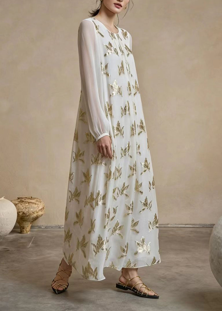 Beautiful Beige White Pleated Gold Lurex Leaf Vacation Dresses Spring