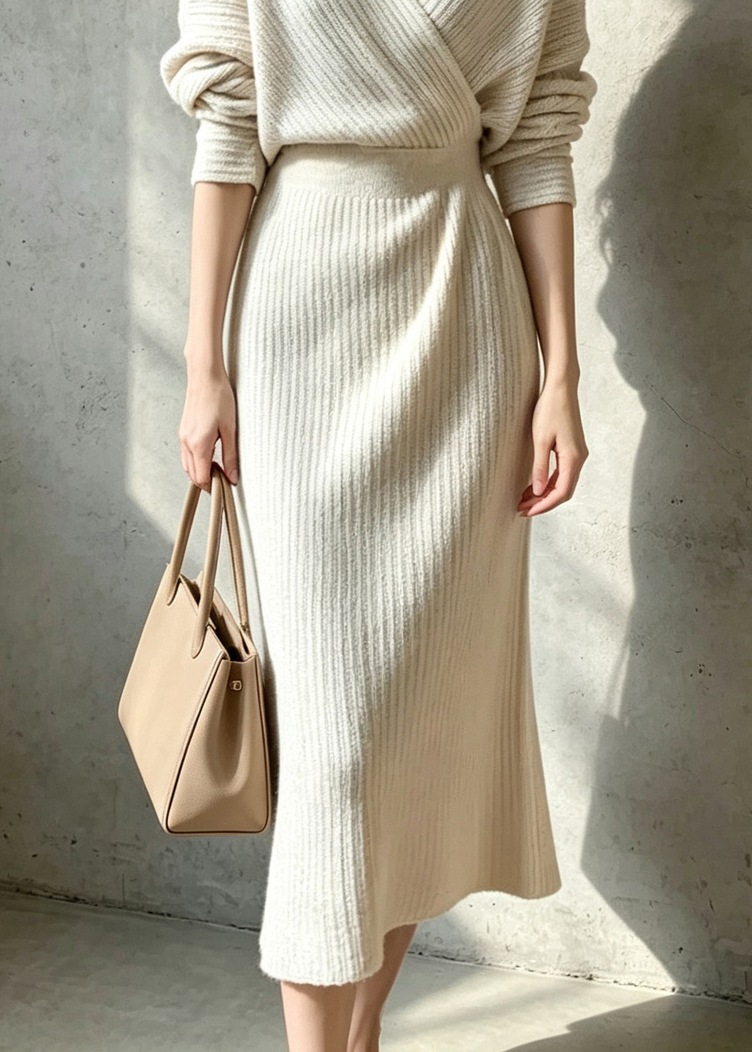 Beautiful Beige White V Neck Knit Vacation Dress Fall