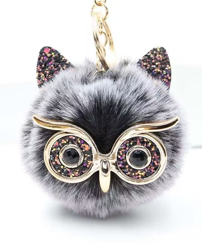 Beautiful Black Alloy Sequins Owl Fuffy Keychains