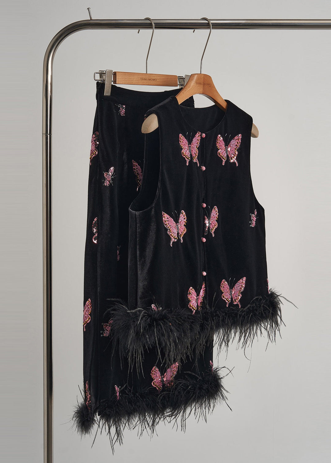 Beautiful Black Butterfly Patchwork Feather Silk Velvet Two Piece Set Women Clothing Fall