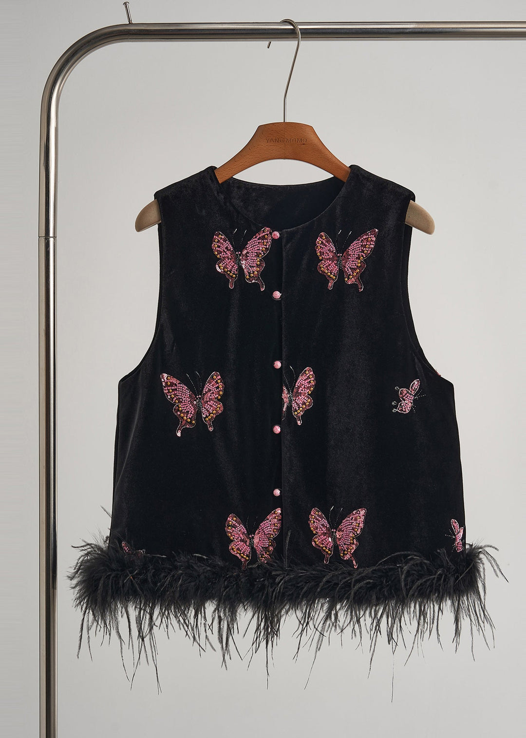 Beautiful Black Butterfly Patchwork Feather Silk Velvet Two Piece Set Women Clothing Fall