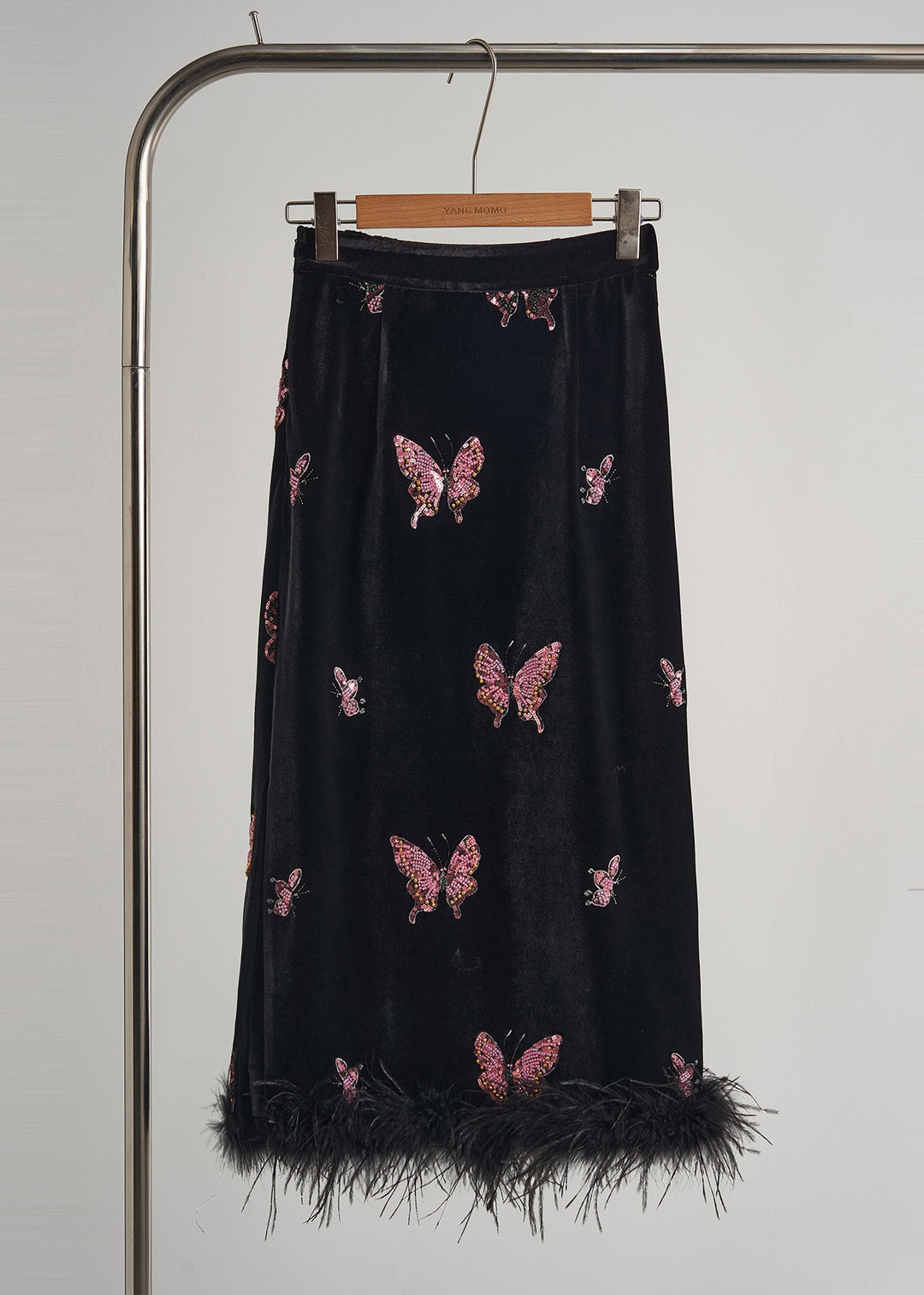 Beautiful Black Butterfly Patchwork Feather Silk Velvet Two Piece Set Women Clothing Fall