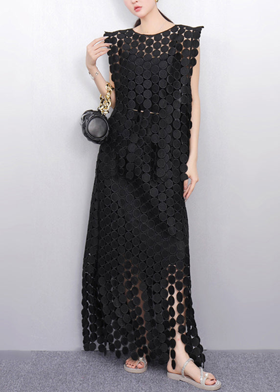 Beautiful Black Dot Lace Top And Maxi Skirts Two Pieces Set Sleeveless