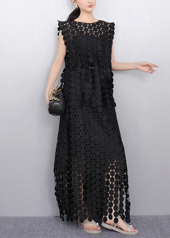 Beautiful Black Dot Lace Top And Maxi Skirts Two Pieces Set Sleeveless