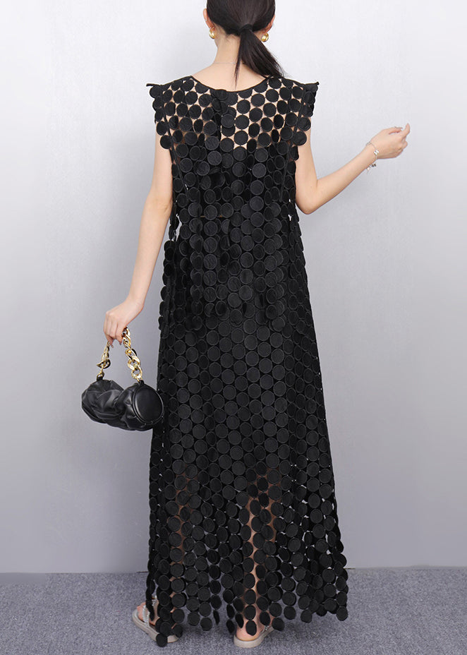 Beautiful Black Dot Lace Top And Maxi Skirts Two Pieces Set Sleeveless