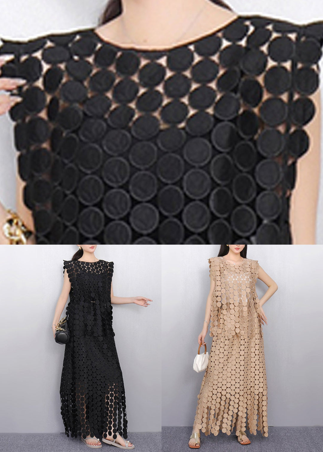 Beautiful Black Dot Lace Top And Maxi Skirts Two Pieces Set Sleeveless