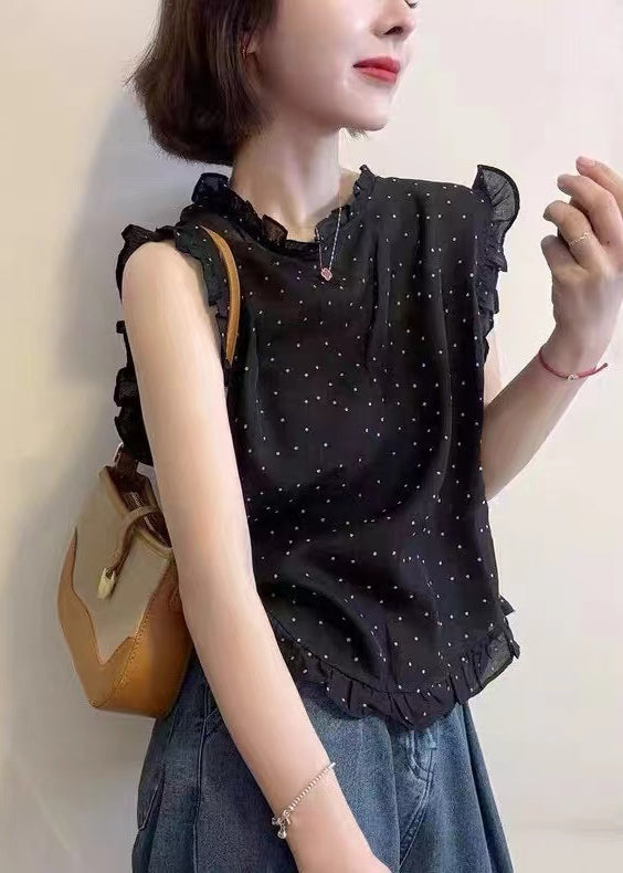 Beautiful Black Dot Print Ruffled Chiffon Vests Sleeveless