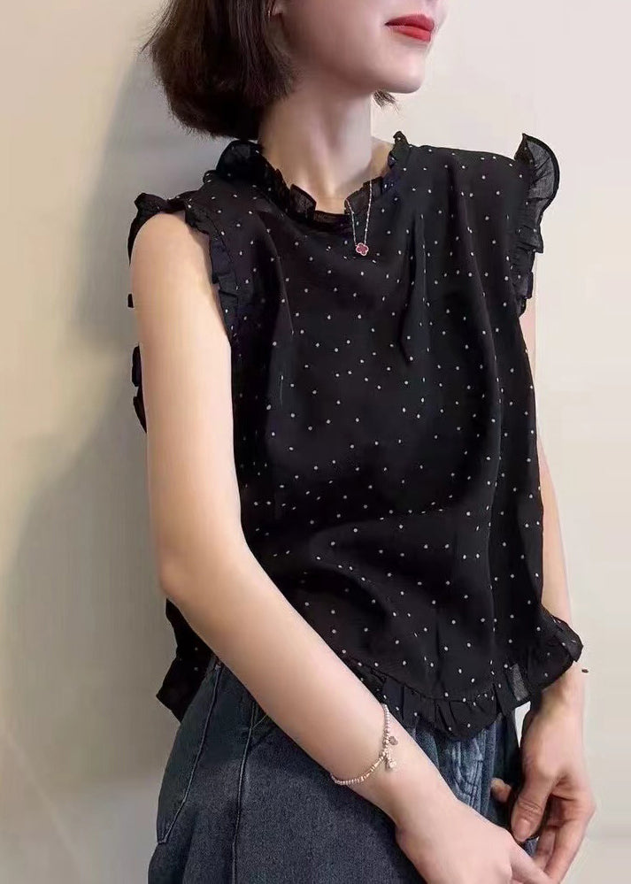 Beautiful Black Dot Print Ruffled Chiffon Vests Sleeveless