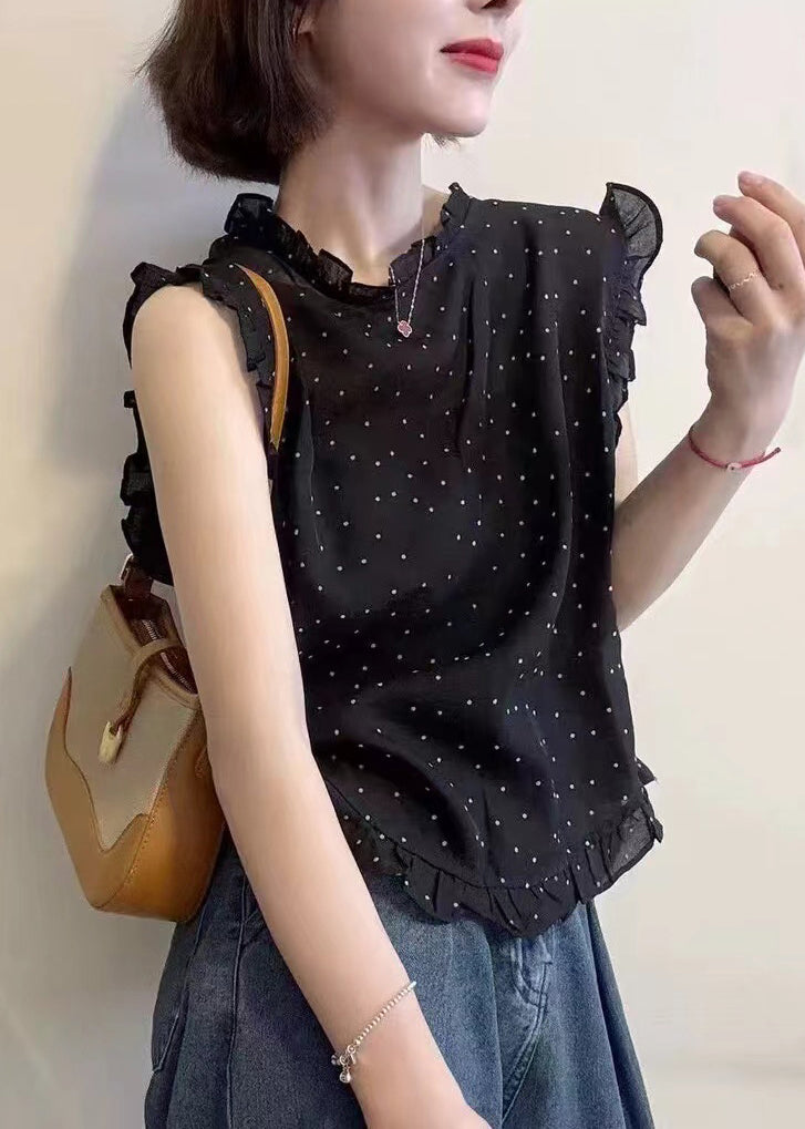 Beautiful Black Dot Print Ruffled Chiffon Vests Sleeveless